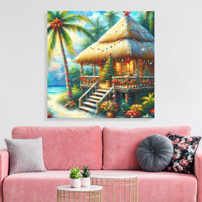 Tropical Hut Christmas Palm Tree Beach Lights  Canvas Print (Insitu(LivingRoom))