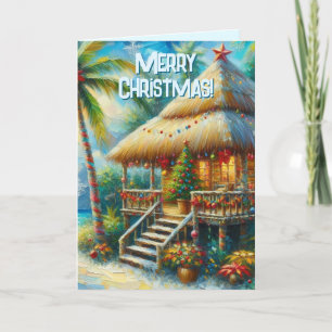 Tropical Hut Christmas Palm Tree Beach Lights  Holiday Card