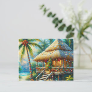 Tropical Hut Christmas Palm Tree Beach Lights Holiday Postcard