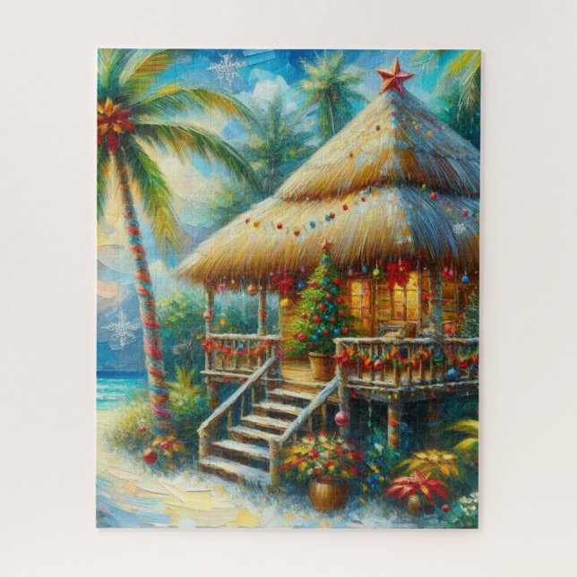 Tropical Hut Christmas Palm Tree Beach Lights  Jigsaw Puzzle (Vertical)