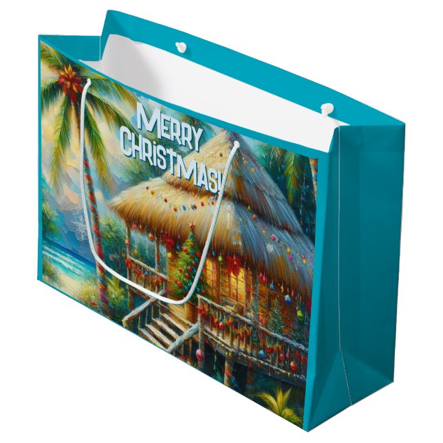 Tropical Hut Christmas Palm Tree Beach Lights  Large Gift Bag (Front Angled)