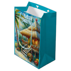 Tropical Hut Christmas Palm Tree Beach Lights Medium Gift Bag