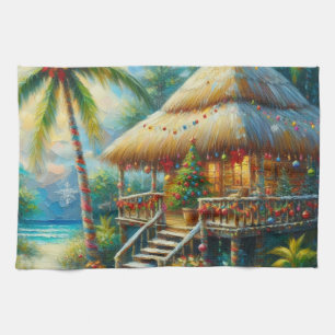 Tropical Hut Christmas Palm Tree Beach Lights Tea Towel