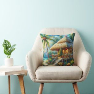 Tropical Hut Christmas Palm Tree Beach Seasonal Cushion