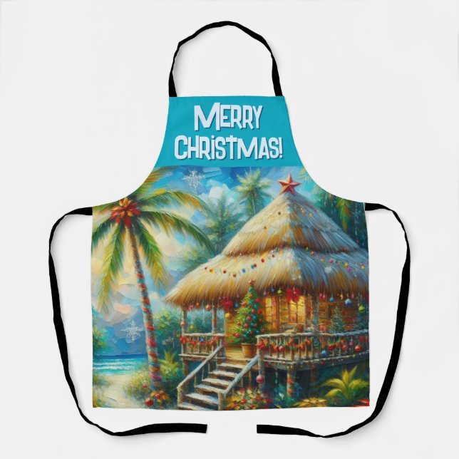 Tropical Hut Christmas Palm Tree Personalised Apron (Front)
