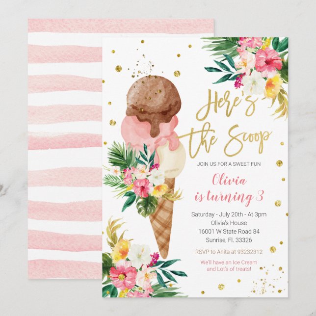 Tropical Ice Cream Birthday  Invitation (Front/Back)