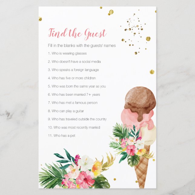 Tropical ice cream Bridal Find the Guest game (Front)