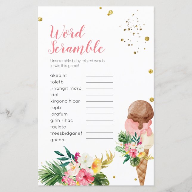 Tropical Ice cream Word Scramble Bridal Shower (Front)