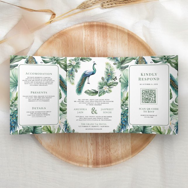 Tropical Indian Peacock Floral All in One Wedding Tri-Fold Invitation (Creator Uploaded)