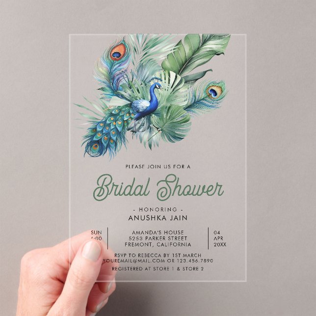 Tropical Indian Peacock Floral Bridal Shower Acrylic Invitations (Insitu (Handheld))