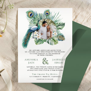 Tropical Indian Peacock Floral Photo Wedding Invitation
