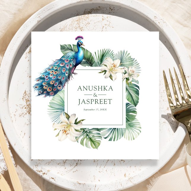 Tropical Indian Peacock Floral Wedding Napkin (Creator Uploaded)