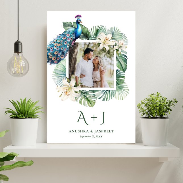Tropical Indian Peacock Floral Wedding Photo Poster (Creator Uploaded)