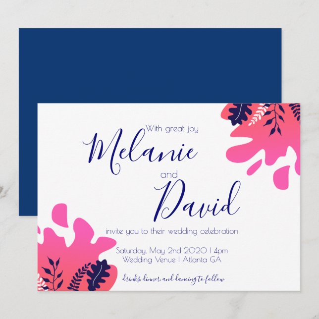 Tropical Inspired Navy Blue Hot Pink Wedding Card (Front/Back)