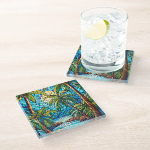 Tropical island at night Stained glass art Glass Coaster