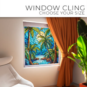 Tropical island at night Stained glass art Window Cling