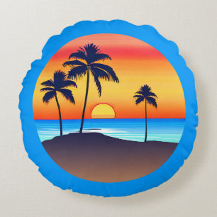 Tropical Island at Sunset with Palm Trees Round Cushion