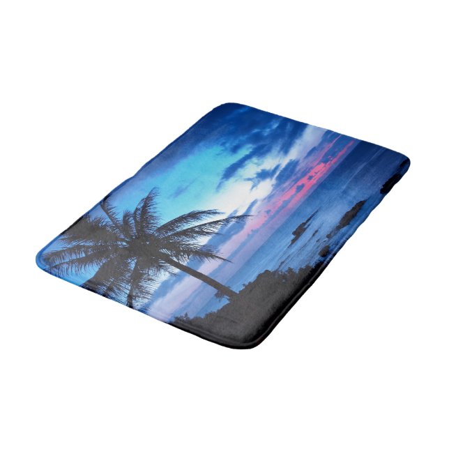 Tropical Island Beach Ocean Pink Blue Sunset Photo Bath Mat (Angled)