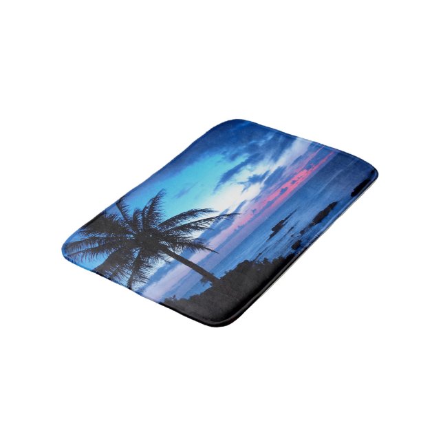 Tropical Island Beach Ocean Pink Blue Sunset Photo Bath Mat (Angled)