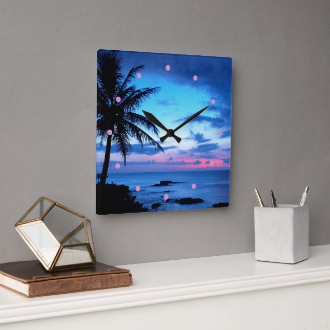 Tropical Island Beach Ocean Pink Blue Sunset Photo Square Wall Clock (Office)