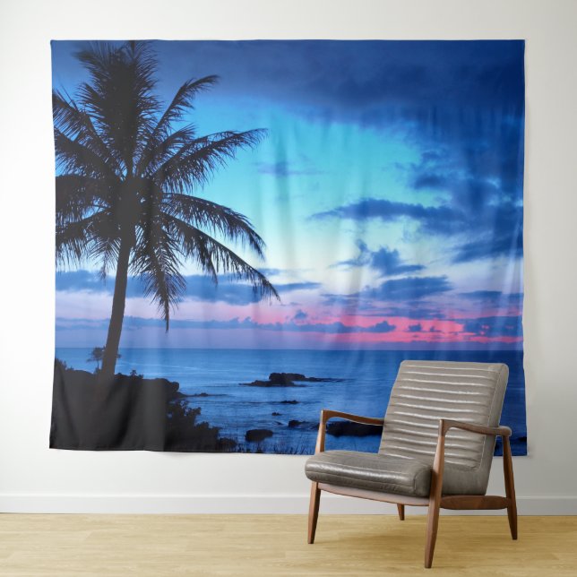 Tropical Island Beach Ocean Pink Blue Sunset Photo Tapestry (In Situ (Horizontal))