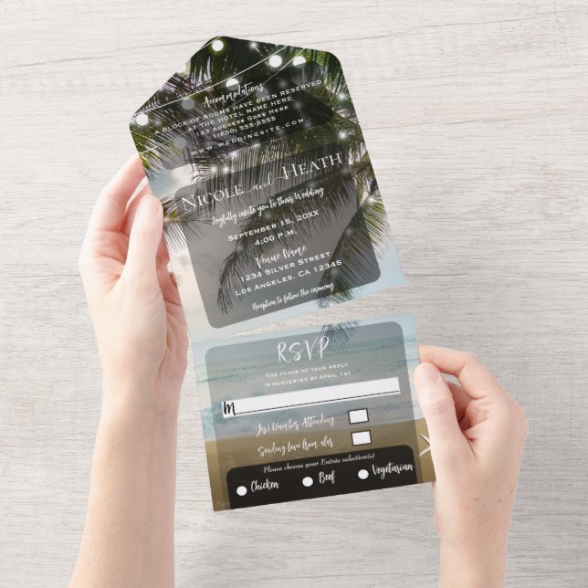 Tropical Island Beach Palm Tree Lights Wedding All In One Invitation (Tearaway)