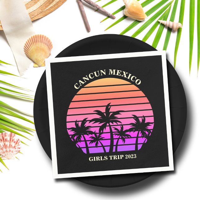 Tropical Island Beach Palm Tree Pink Black Party Napkin (Creator Uploaded)