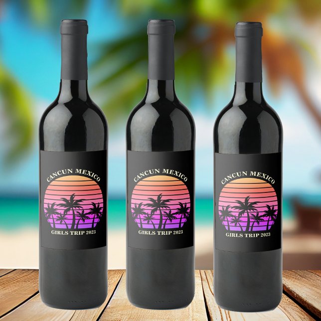 Tropical Island Beach Palm Tree Pink Black Party Wine Label (Creator Uploaded)