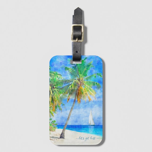 Tropical Island Beach Palm Tree Sailboat Luggage Tag (Front Vertical)