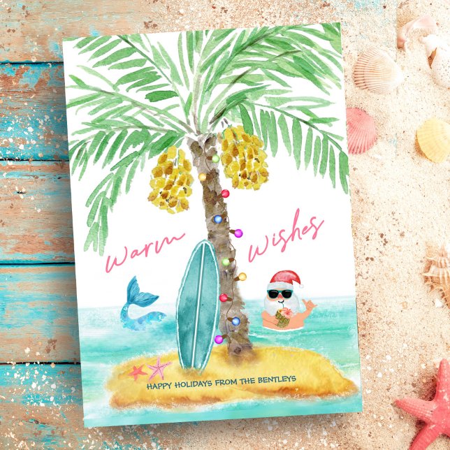 Tropical Island Beach Santa Mermaid Christmas Holiday Card (Creator Uploaded)