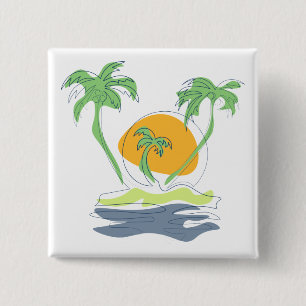 Tropical island beach scenery. Outline palm tree 15 Cm Square Badge