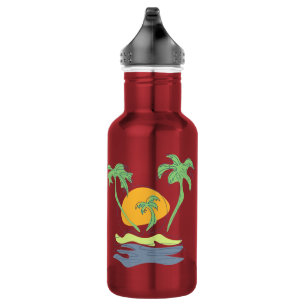 Tropical island beach scenery. Outline palm tree 532 Ml Water Bottle