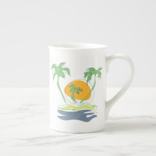 Tropical island beach scenery. Outline palm tree  Bone China Mug