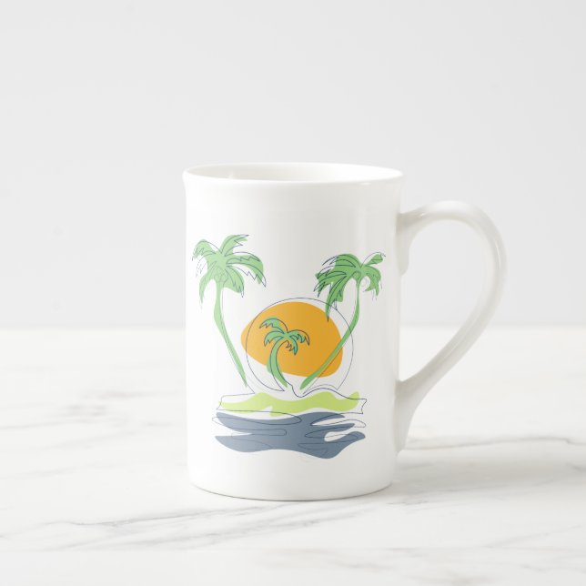 Tropical island beach scenery. Outline palm tree  Bone China Mug (Right)