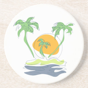 Tropical island beach scenery. Outline palm tree Coaster