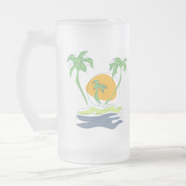 Tropical island beach scenery. Outline palm tree Frosted Glass Beer Mug (Left)