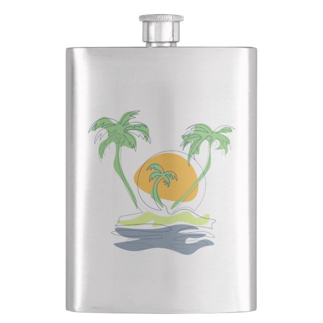 Tropical island beach scenery. Outline palm tree Hip Flask (Front)