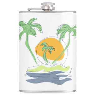 Tropical island beach scenery. Outline palm tree Hip Flask