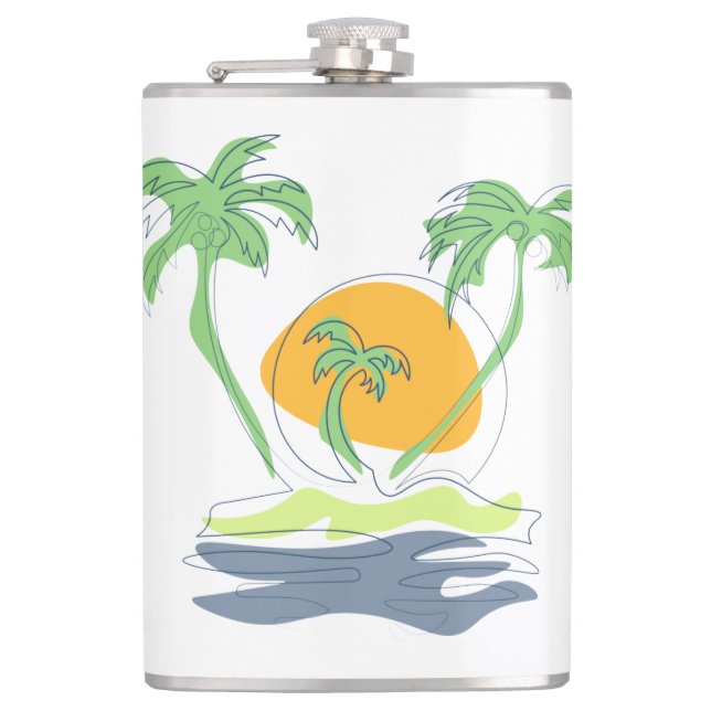 Tropical island beach scenery. Outline palm tree  Hip Flask (Front)