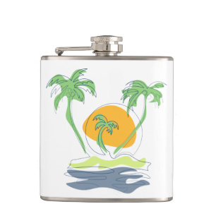 Tropical island beach scenery. Outline palm tree Hip Flask