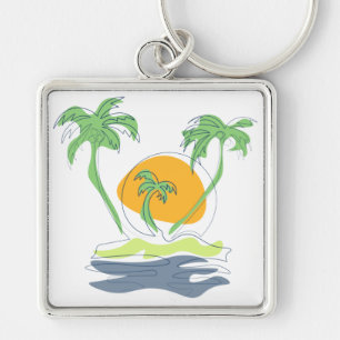 Tropical island beach scenery. Outline palm tree Key Ring