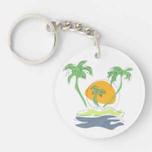 Tropical island beach scenery. Outline palm tree Key Ring