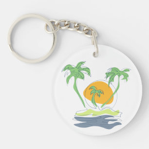 Tropical island beach scenery. Outline palm tree Key Ring