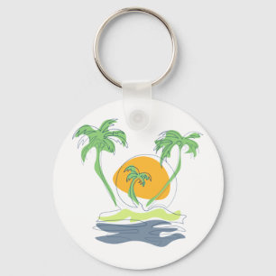 Tropical island beach scenery. Outline palm tree Key Ring