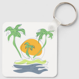 Tropical island beach scenery. Outline palm tree Key Ring