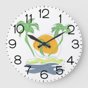 Tropical island beach scenery. Outline palm tree  Large Clock
