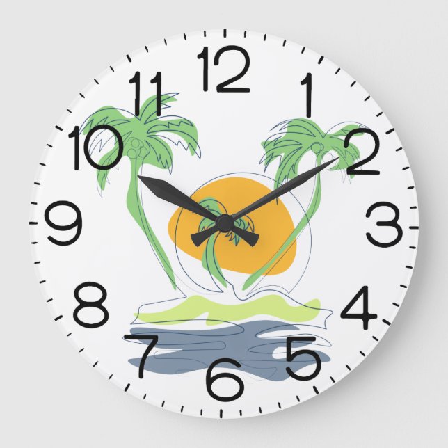 Tropical island beach scenery. Outline palm tree  Large Clock (Front)
