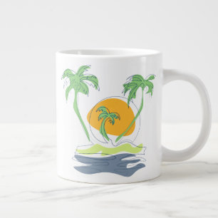 Tropical island beach scenery. Outline palm tree Large Coffee Mug