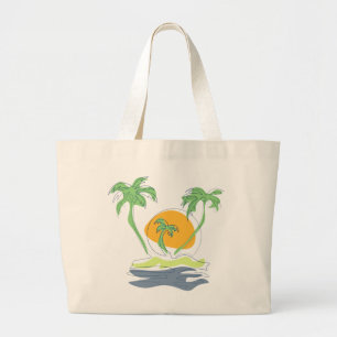 Tropical island beach scenery. Outline palm tree  Large Tote Bag
