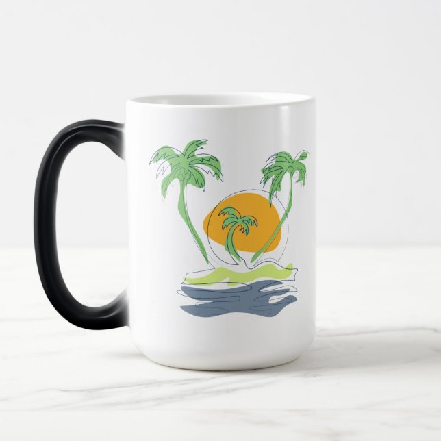 Tropical island beach scenery. Outline palm tree  Magic Mug (Left)